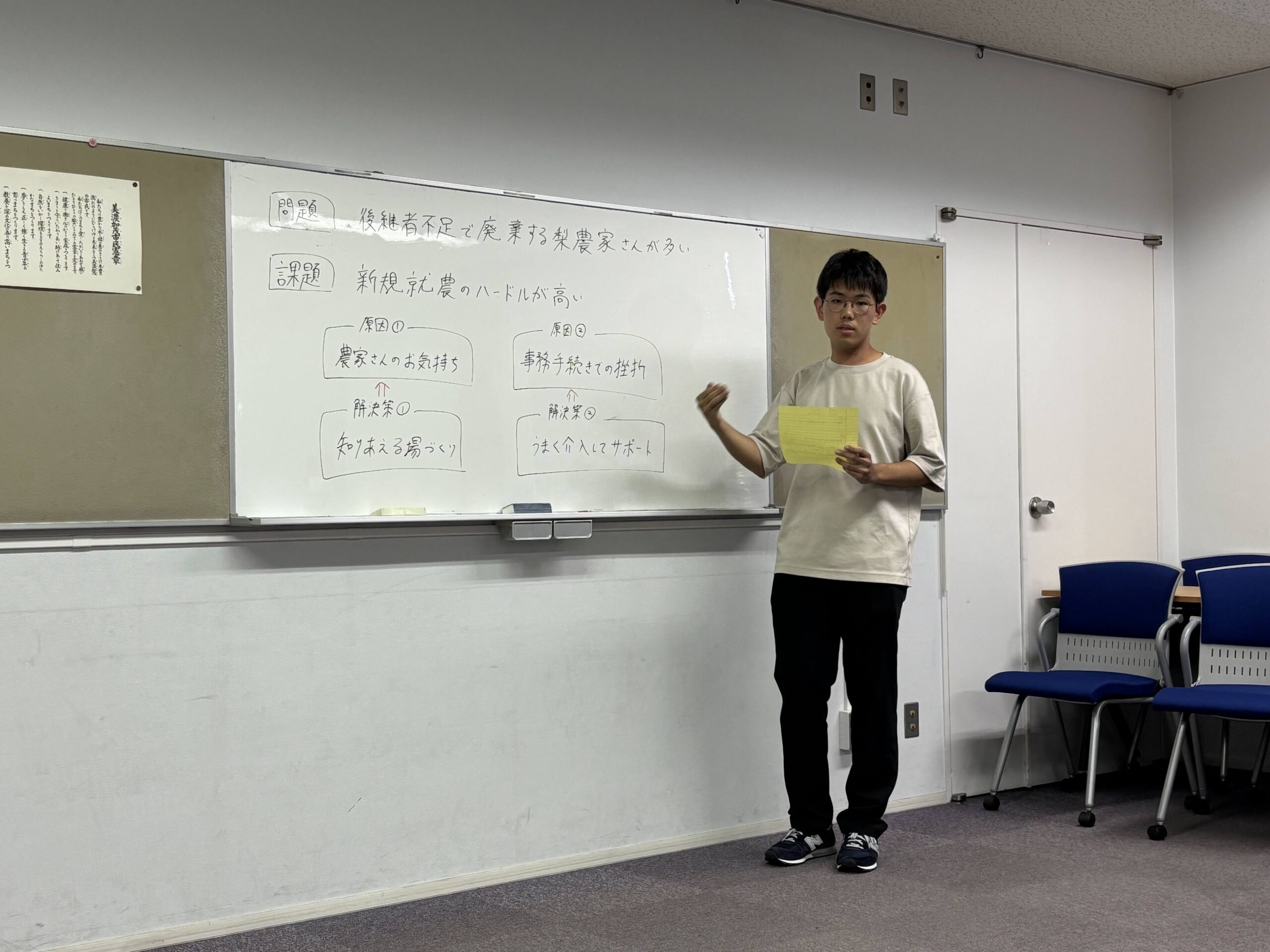 みのかもワーキングホリデーの調査結果を地域関係者へ発表する学生