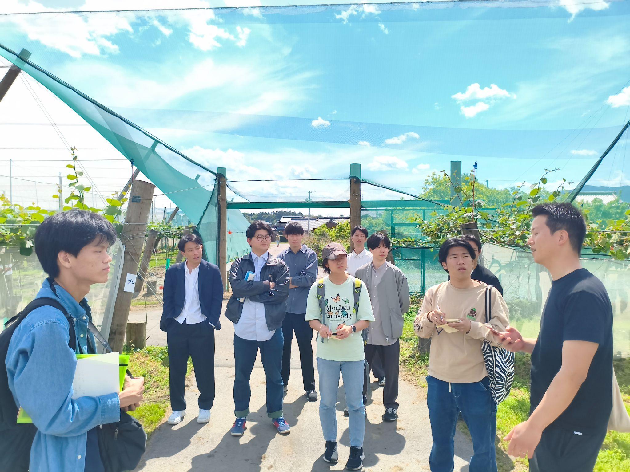 浅井農園のトマト園地とキウイ圃場で栽培方法の説明を受ける学生