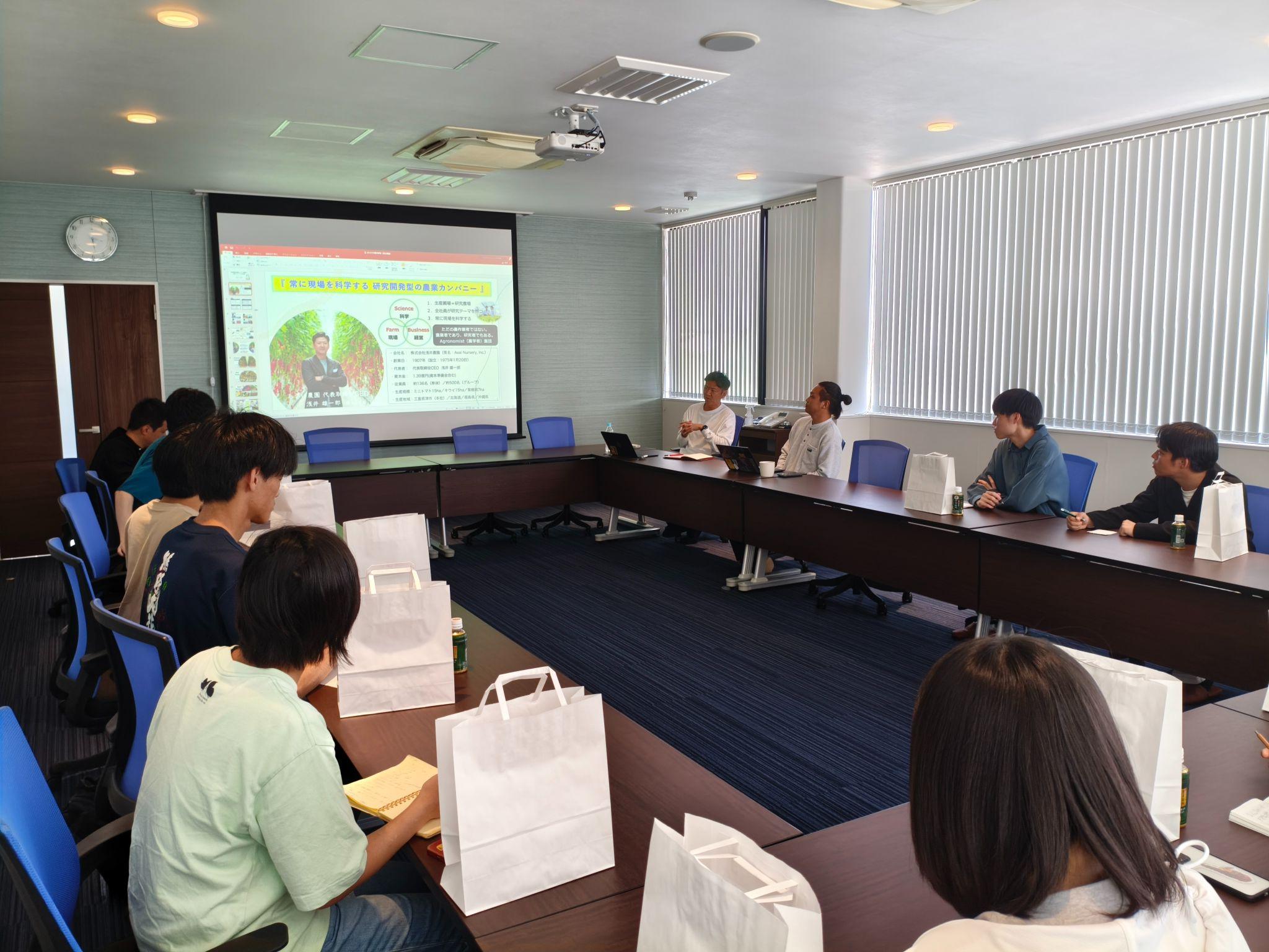 浅井農園で農業の未来についてフリーディスカッションを行う学生