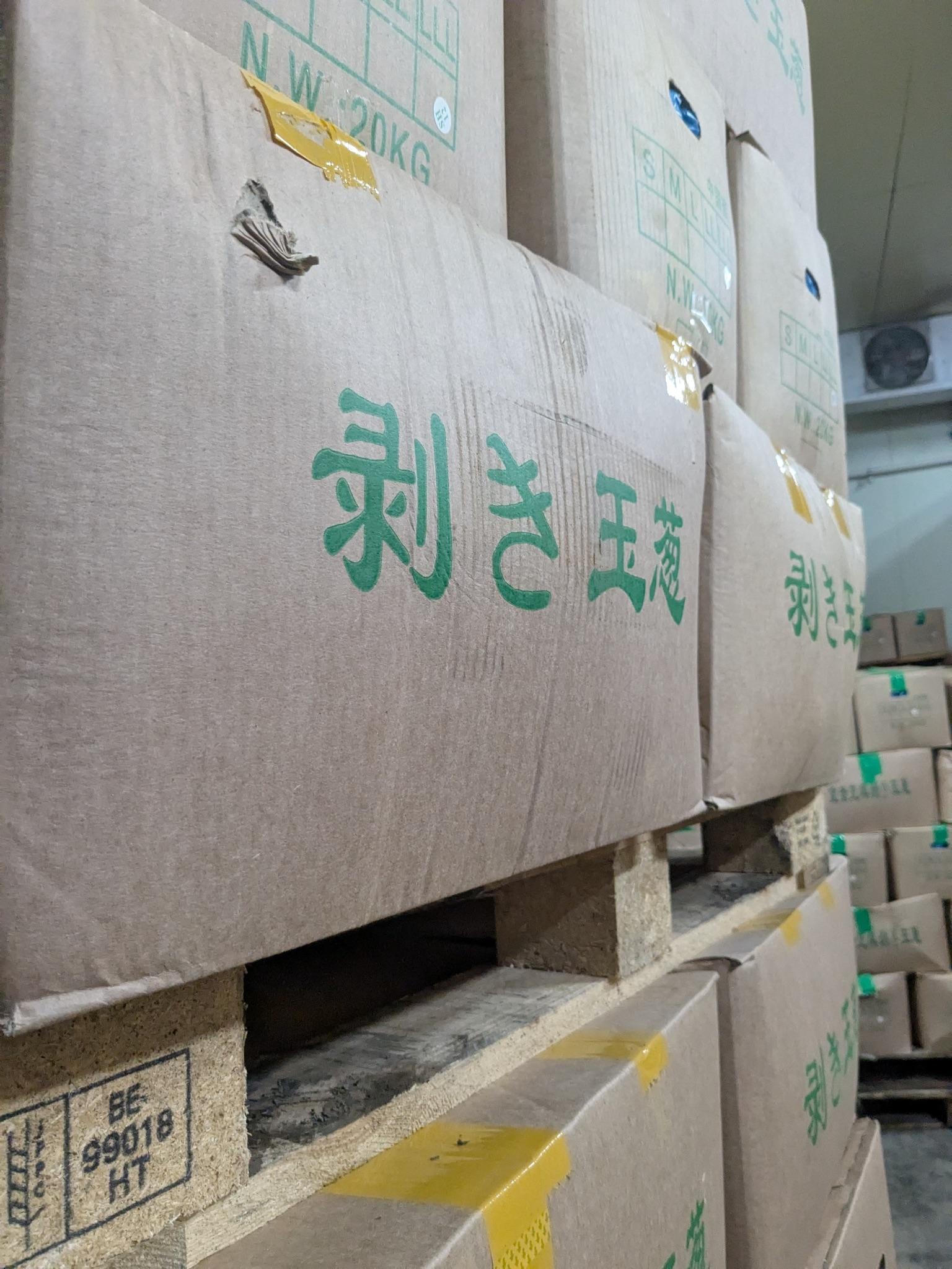 所沢アップセンターで保管されている中国産の皮むき玉ねぎ