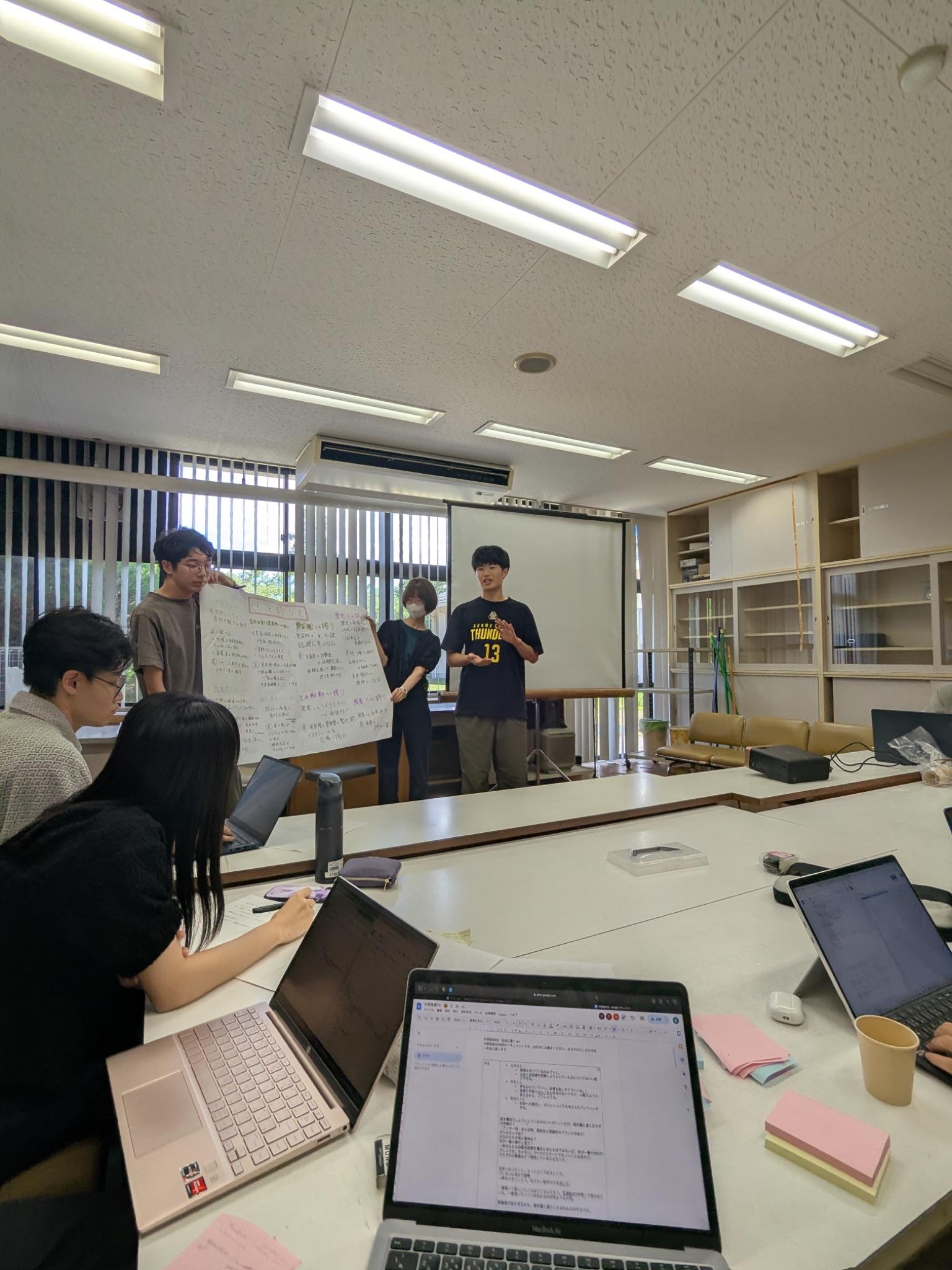 調査結果を分析し第2週の計画を考える学生