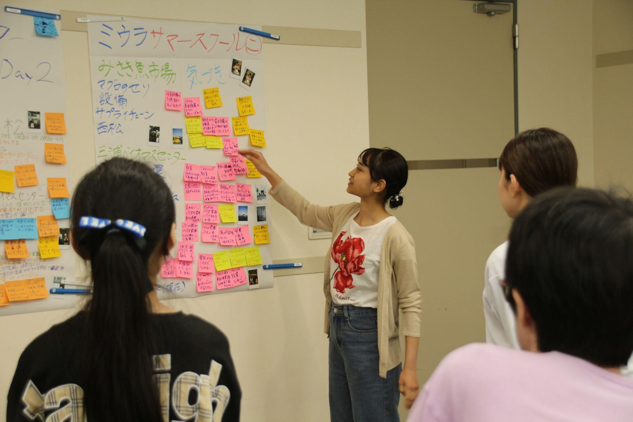模造紙と付箋を使ってサマースクールの学びを振り返る参加者