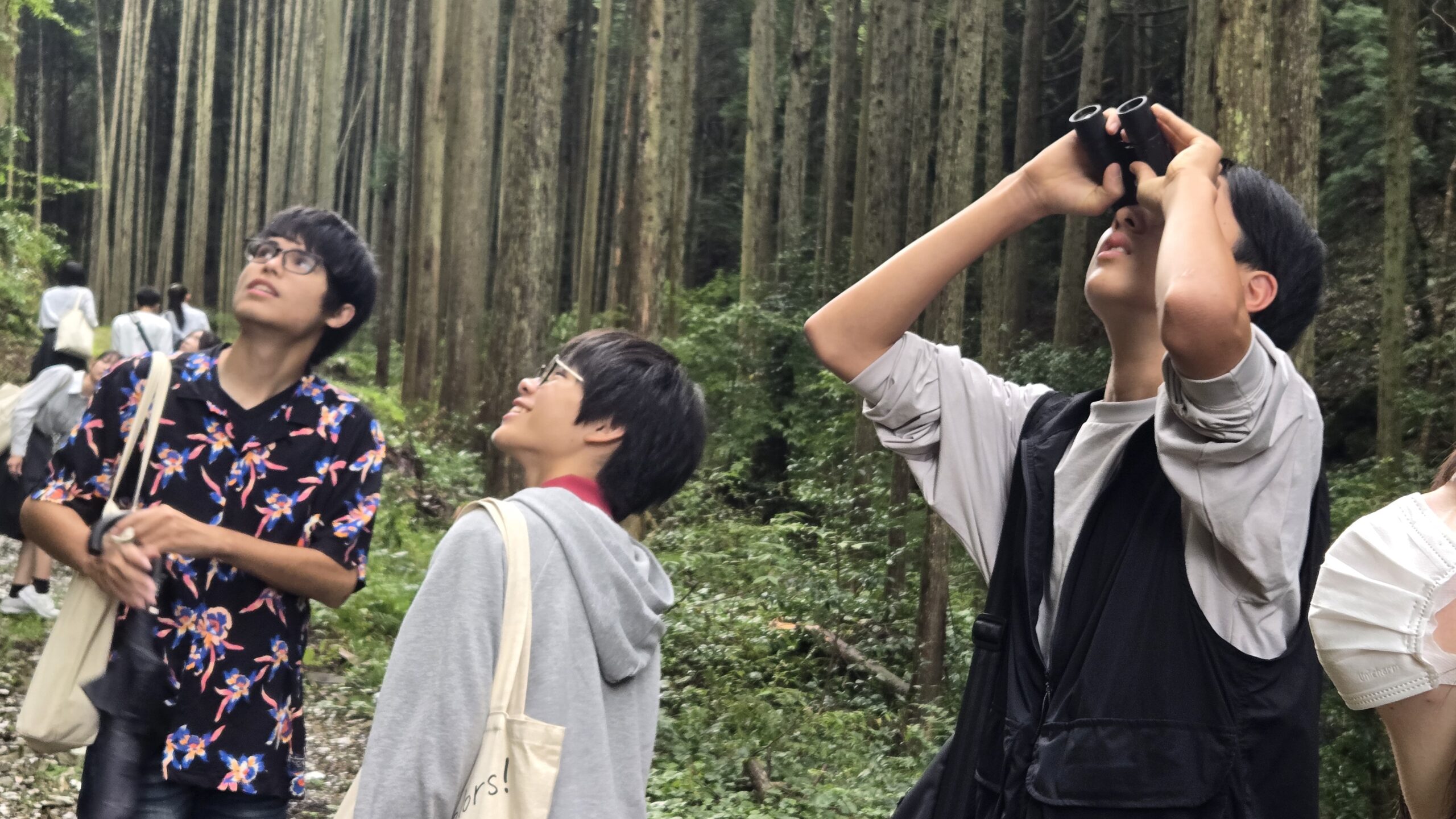 三和富士山道で双眼鏡を使い木々を観察する高校生